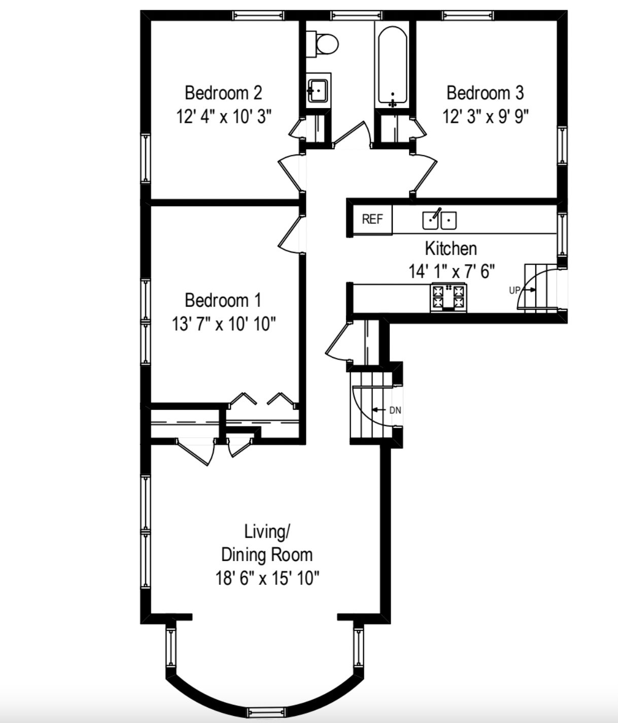 Floor plan for 3 beds, 1 bath, 1030 sqft